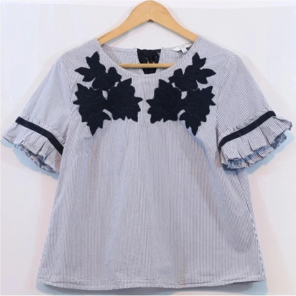 EUC Crown & Ivy blouse size Small navy blue velvet striped top - Picture 1 of 6